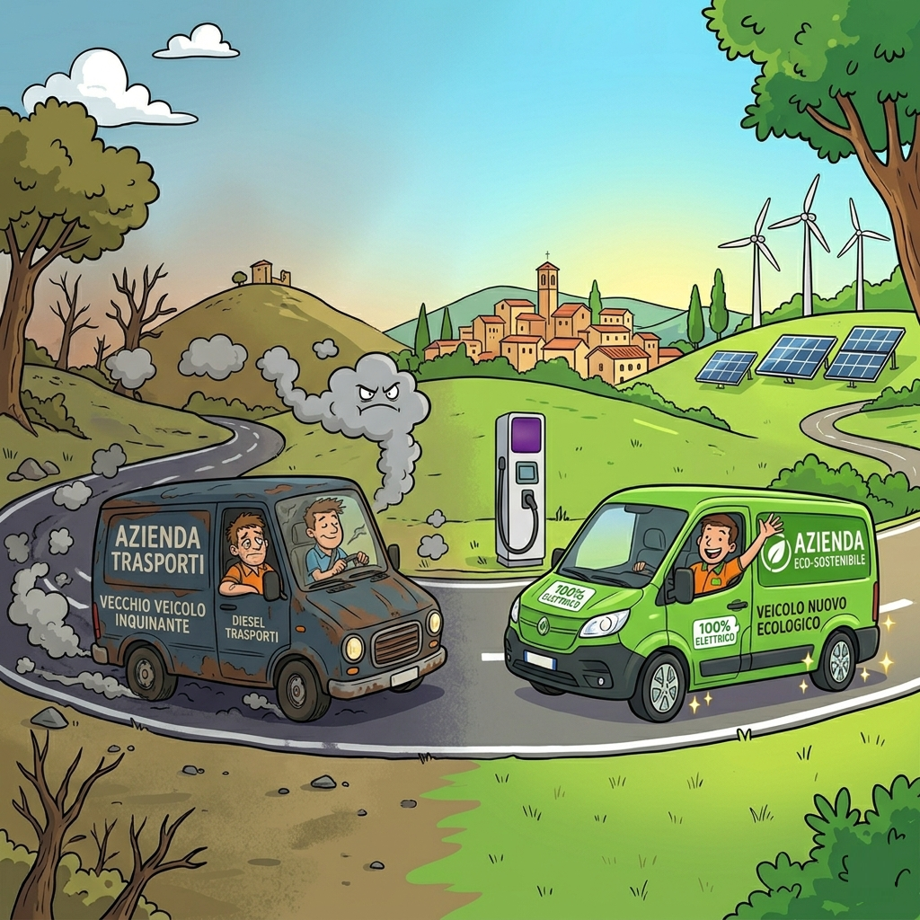 Immagine Bando Veicoli Aziendali 2026 - Confronto stile fumetto tra veicolo inquinante e veicolo ecologico